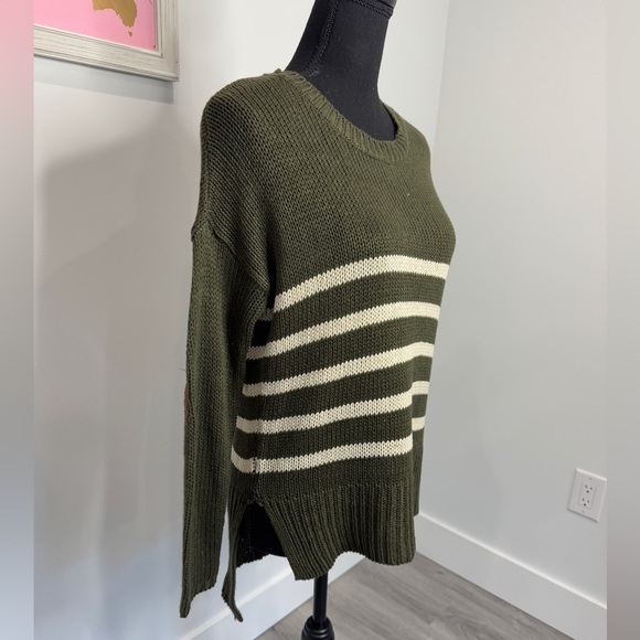 Alya Olive Green Elbow Patch Stripe Knit High-Lo Women’s Sweater (S) - Picture 3 of 7